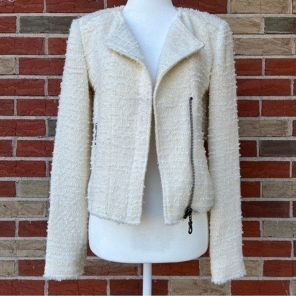 Truth and Pride Boucle Double Zipper Cream White Long Sleeve Moto Jacket 🧥